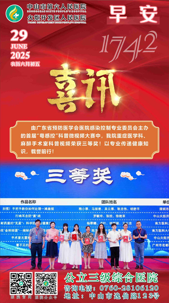 2025.06.29早安健康-喜訊！我院重癥醫(yī)學科，麻醉科手術(shù)室科普視頻榮獲三等獎。